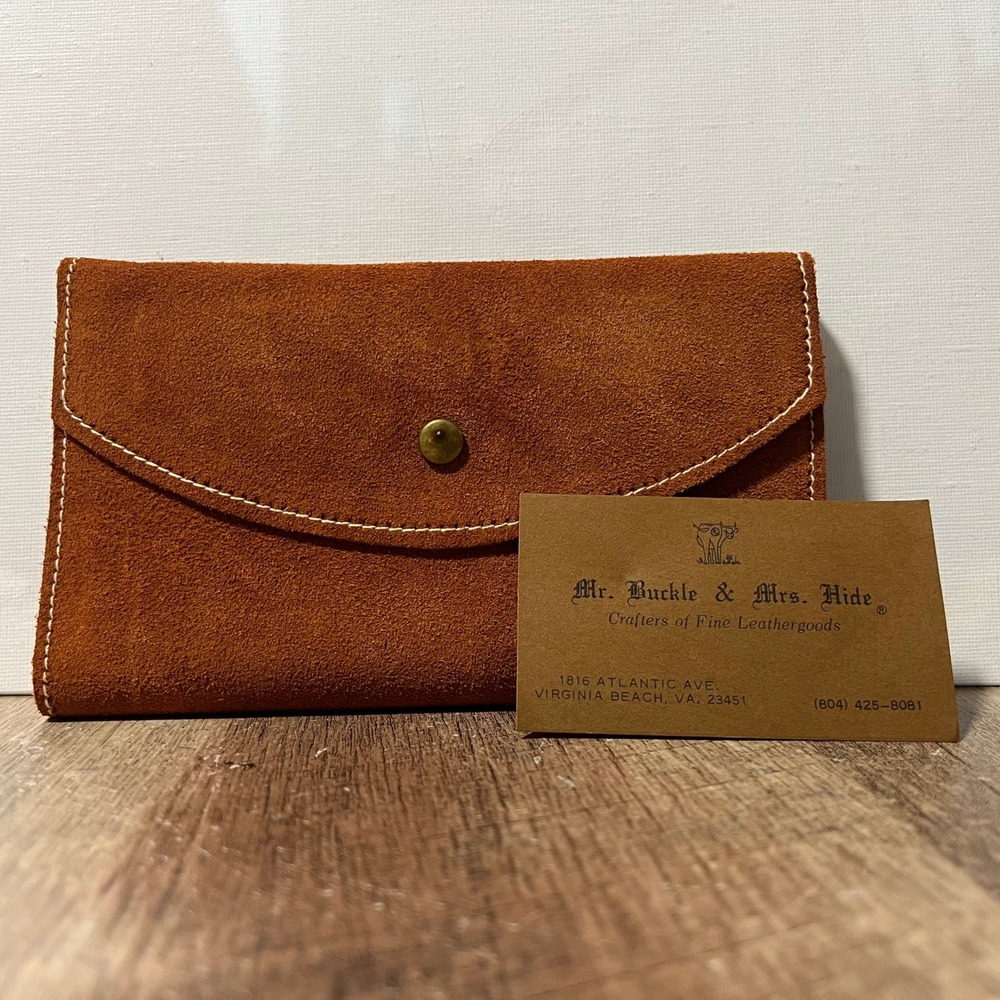 Mr Buckle & Mrs Hide Suede Leather Clutch Wallet Cognac Brown Artisan vintage